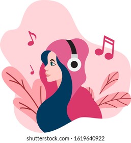 Young girl listening to music Vector illustration.