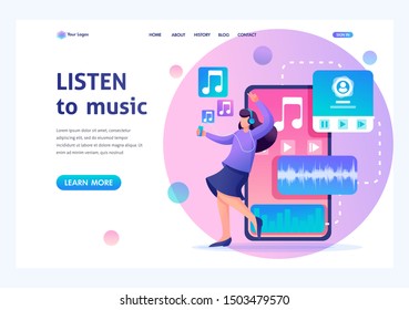 Young girl listens to music on the smartphone through the app, dancing and rejoicing. Flat 2D character. Landing page concepts and web design