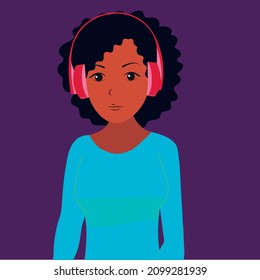 A young girl listens to music and podcasts in headphones.Vector, flat