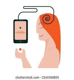 A young girl listens to psychological counseling through a gadget to find a way out of situations. Emotions of calm and confidence after and during treatment, the concept of the flowering of strength