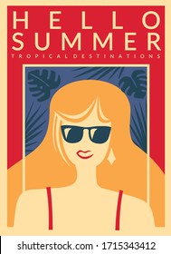 Young girl with long blond hair, sunglasses and bikini enjoining in tropical summer season. Hello summer vacation destinations promo poster design.