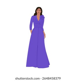 Young girl in a long blue evening dress. Woman in a formal stylish outfit for party or celebration. Hand drawn vector illustration isolated on white background, modern flat cartoon style.