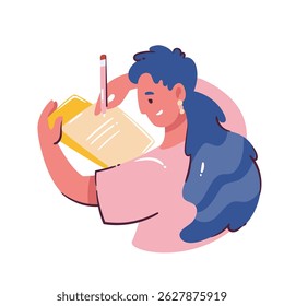 Young girl with long blue hair writing notes on yellow notebook. Cartoon doodle style, soft pink and blue colors. Vector illustration for education, study, school, or creative projects.