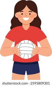 A young girl with long brown hair smiles brightly while holding a volleyball, showcasing excitement and readiness for action in a minimalistic design.