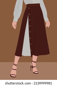A young girl in a long burgundy skirt with large buttons and a white shirt. Vector flat image of a girl in light sandals. Design for postcards, posters, backgrounds, templates, avatars.