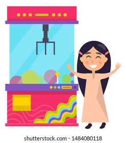 Young Girl With Long Dark Hair Playing Pink Retro Claw Machine With Buttons And Joystick. Toy Prize, Colorful Balls And Sweets Behind Glass. Vector Illustration In Flat Cartoon Style