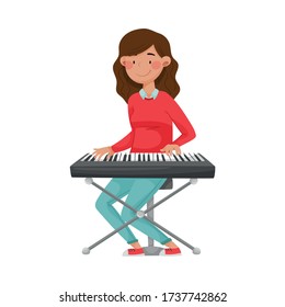 Young Girl with Long Dark Hair Sitting and Playing Keyboard Vector Illustration