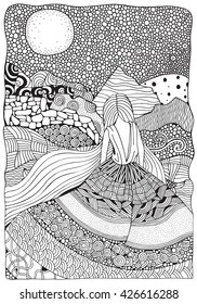 Young girl with long hair. Beautiful, long dress in zentangle style. Adult coloring book page in A4 size. Moonlight, mountains. Doodle, boho, zen art style. Black and white.