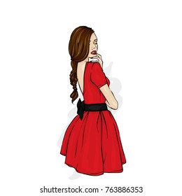 Young girl with long hair in a beautiful short dress. Vector illustration. Clothing, accessories, fashion and style. She's a slender woman.