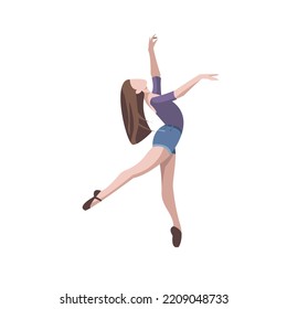 A young girl with long hair, dancing ballroom dancing. Stands on pointe shoes. She is dressed in shorts and a T-shirt. Drawing, vector.