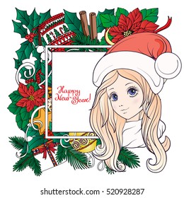 Young girl with long hair in a hat of Santa Claus helper with Christmas wreath. Stock line vector illustration.