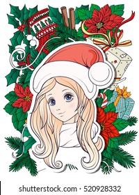 Young girl with long hair in a hat of Santa Claus helper with Christmas wreath. Stock line vector illustration.