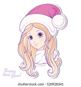 Young girl with long hair in a hat of Santa Claus helper. Stock line vector illustration.