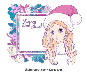 Young girl with long hair in a hat of Santa Claus helper with Christmas wreath. Stock line vector illustration.