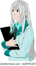 a young girl with long hair holding a book, made with flat design style