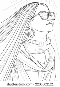 young girl with long hair wearing glasses and scarf in doodle style, fashionable princess illustration coloring book, coloring page for kids and adults.eps