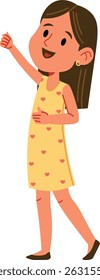 A young girl with long hair wearing a dress with heart patterns, raising her hand. The character is depicted in a playful cartoon style with a joyful expression. Cartoon vector illustration.