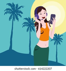 Young girl with long hair and wearing bright clothes in headphones talking on the phone. Smartphone in the hands. Palm trees background. Girl manager. Receives calls. Work on vacation