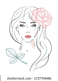 Young Girl with Long Hairstyle. Beautiful Woman Face with Pink Rose Flower in her Hair. Female Portrait. Vector Fashion and Beauty illustration. Face Chart