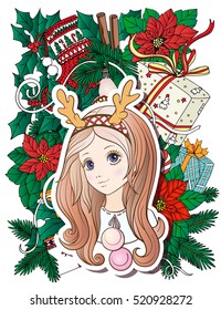 Young girl with long purple hair with a rim for hair with antlers with Christmas wreath. Merry Christmas or Happy new year card. Stock line vector illustration.