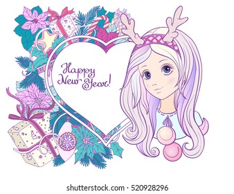 Young girl with long purple hair with a rim for hair with antlers with Christmas wreath. Merry Christmas or Happy new year card. Stock line vector illustration.