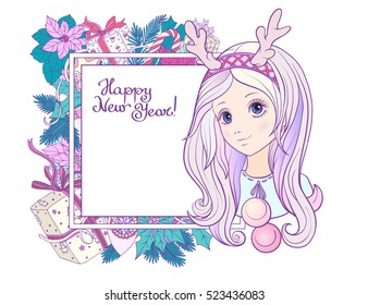 Young girl with long purple hair with a rim for hair with antlers with Christmas wreath. Merry Christmas or Happy new year card. Stock line vector illustration.
