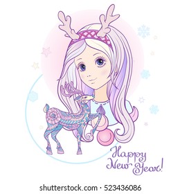 Young girl with long purple hair with a rim for hair with antlers with decorative deer. Merry Christmas or Happy new year card. Stock line vector illustration.