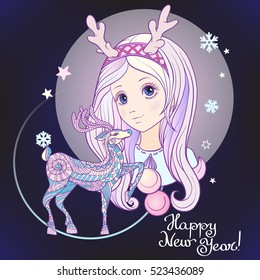 Young girl with long purple hair with a rim for hair with antlers with decorative deer. Merry Christmas or Happy new year card. Stock line vector illustration.