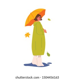 Young girl in a long raincoat with an umbrella. Autumn leaves. Character isolated on a white background. Vector illustration in hand drawn style.