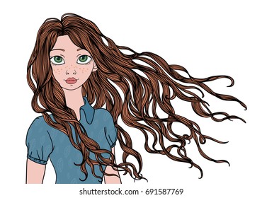 A young girl with long waving in the wind hair. Vector portrait illustration, isolated on white background.