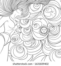 Young girl with long wavy hair standing over cloud background. Magic nymph, mysterious character from fairy tales. Isolated vector illustration. Coloring book.