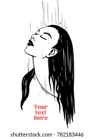 young girl with long wet hair is standing in the rain. Vector illustration