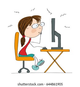 Young girl looking at the computer screen and playing game or surfing the internet - original hand drawn illustration