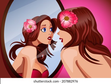 Young girl looking in the mirror. Vector illustration.