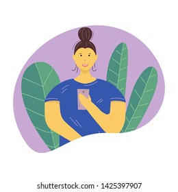 Young girl looking at mobile phone. Addiction on the smartphone and the Internet. Social networks. Virtual communication. Vector Illustration.