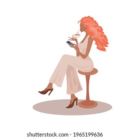 Young girl looking at the phone and drinking coffee. White background. Vector illustration.