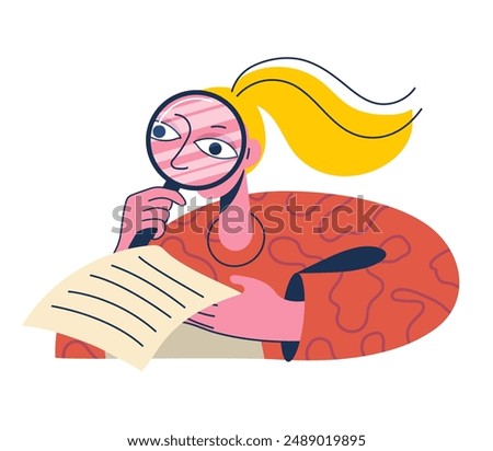 Young girl looking through magnifying glass at document. Woman searching information