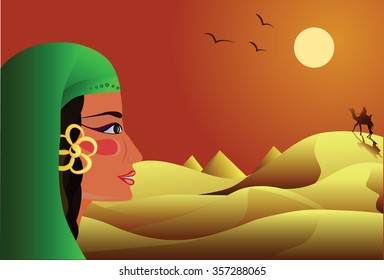 a young girl looks at a rider on a camel in the desert