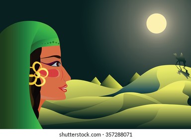 a young girl looks at a rider on a camel in the desert