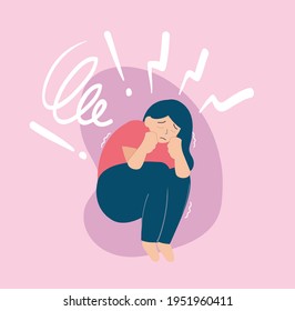 Young girl looks scared and sad because of the criticism and violence. Stop bullying children women card. Female with mental disorder concept. Flat character with depression stress anxiety. Vector.