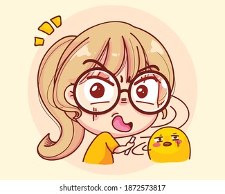 Young Girl looks surprisingly and with shock cartoon set illustration Premium Vector