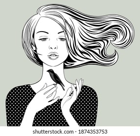 Young girl with loose flowing hair with a bird in her hand. Linear comic black and white retro stylized drawing. Vector illustration
