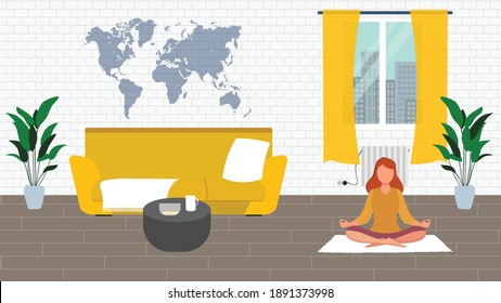 Young girl in the lotus pose meditating and practicing yoga. Living room with furniture. Flat style vector interior illustration. Sofa, flowers. Daylight apartments. Hotel suite. Renting an apartment.