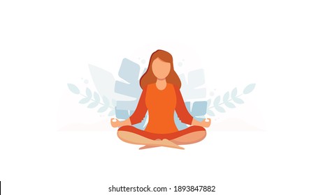 Young girl in the lotus pose meditating and practicing yoga. Flat style vector illustration