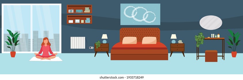 Young girl in the lotus pose meditating and practicing yoga. Bedroom with furniture. Flat style vector interior illustration. Bed, flowers. Daylight apartments. Hotel suite. Renting an apartment.