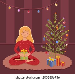 A young girl in the lotus position holds a gift. Preparing for the new year and christmas. Vector cartoon illustration.