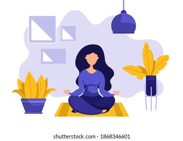 Young girl in lotus position meditates in the room at cozy home. Beautiful eco plants in pots, paintings decor in a interior. Active woman doing exercise on mat. Vector illustration, flat style