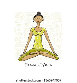 Young girl in lotus position. Padmasana women meditation. Sketch for your design