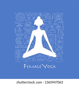 Young girl in lotus position. Padmasana women meditation. Sketch for your design