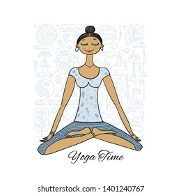 Young girl in lotus position. Padmasana women meditation. Sketch for your design. Vector illustration